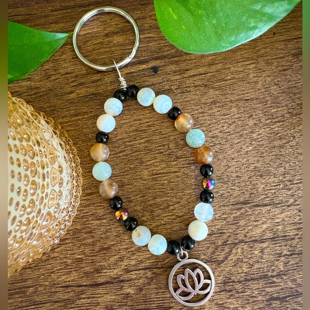 Beaded Handmade Gemstone Crystals Lotus Flower Charm Keychain Purse Accessory